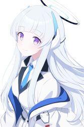 Rule 34 | 1girl, absurdres, blazer, blue archive, blue necktie, blunt bangs, blush, breasts, closed mouth, collared shirt, commentary request, eyelashes, floating hair, halo, headgear, highres, jacket, lapels, large breasts, long hair, long sleeves, looking at viewer, necktie, noa (blue archive), off shoulder, open clothes, open jacket, pleated skirt, purple eyes, school uniform, shirt, sidelocks, simple background, skirt, smile, solo, sonoda 345, split mouth, two-sided fabric, two-sided jacket, upper body, white background, white hair, white jacket, white shirt, white skirt, wing collar