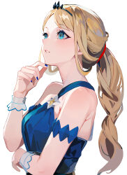 Rule 34 | 1girl, blue dress, blue eyes, creatures (company), dress, from side, game freak, hand on own chin, highres, light brown hair, nail polish, nintendo, official alternate costume, parted lips, pokemon, pokemon masters ex, ponytail, serena (champion) (pokemon), serena (pokemon), solo, tor (torkrub111), upper body, wrist cuffs
