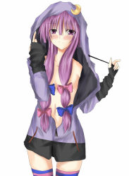 Rule 34 | 1girl, alternate costume, bow, censored, contemporary, convenient censoring, female focus, hair censor, hair over breasts, hood, hooded jacket, jacket, long hair, no bra, open clothes, open shirt, patchouli knowledge, pink bow, purple eyes, purple hair, ram (pixiv170890), ram hachimin, ribbon, shirt, solo, striped clothes, striped thighhighs, thighhighs, touhou