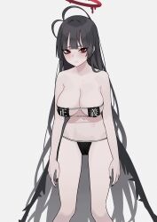 Rule 34 | 1girl, absurdres, antenna hair, bags under eyes, bikini, black bikini, black hair, black wings, blue archive, blush, breasts, eyepatch bikini, feet out of frame, fffukuzawa, halo, highres, large breasts, long hair, looking at viewer, navel, pale skin, red eyes, simple background, smile, solo, stomach, sweatdrop, swimsuit, thong bikini, tsurugi (blue archive), very long hair, white background, wings