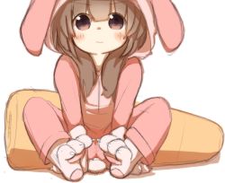 Rule 34 | 1girl, :3, animal costume, animal ears, animal hands, blush, brown hair, carrot, claws, fake animal ears, fake tail, female focus, gloves, highres, hood, long sleeves, looking at viewer, original, paw gloves, paw shoes, purple eyes, rabbit costume, rabbit ears, rabbit tail, shoes, sitting, smile, solo, spread legs, tail, usichan