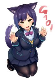 Rule 34 | 1girl, animal ears, bad id, bad twitter id, breasts, fang, highres, kneeling, looking at viewer, nijisanji, nuezou, pantyhose, purple hair, school uniform, shizuka rin, short hair, simple background, smile, solo, tail, virtual youtuber, white background, wolf ears, wolf tail, yellow eyes