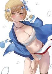 Rule 34 | 1girl, :/, blonde hair, blush, breasts, checkered hairband, chest sarashi, clothes lift, commission, cowboy shot, djeeta (granblue fantasy), drum master (granblue fantasy), ev (dai00888), fundoshi, granblue fantasy, groin, hachimaki, hand on own thigh, headband, highres, japanese clothes, jewelry, large breasts, leaning to the side, long sleeves, navel, necklace, nejiri hachimaki, open clothes, pelvic curtain, pelvic curtain lift, raised eyebrows, rope, sarashi, shimenawa, short hair, sidelocks, simple background, skeb commission, solo, stomach, sweat, swept bangs, thighs, water drop, wet, white background, yellow eyes