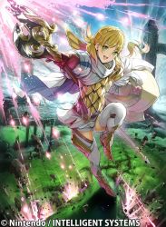 Rule 34 | 1girl, armor, blonde hair, braid, cape, company connection, copyright name, crown braid, daigoman, day, fire emblem, fire emblem cipher, fire emblem heroes, gloves, green eyes, holding, holding weapon, leg up, long hair, looking at viewer, multicolored hair, nintendo, open mouth, outdoors, pink hair, polearm, puffy sleeves, scale armor, sharena (fire emblem), shield, shorts, skirt, smile, solo, spear, thighhighs, weapon