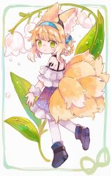 Rule 34 | 1girl, absurdres, animal ear fluff, animal ears, arknights, bare shoulders, black footwear, blonde hair, blue bow, blue hairband, blush, bow, braid, braided hair rings, closed mouth, commentary, dress, earpiece, flower, fox ears, fox girl, fox tail, frilled sleeves, frills, from behind, full body, green eyes, hair bow, hair rings, hairband, highres, kitsune, kyuubi, lily of the valley, looking at viewer, looking back, material growth, multiple tails, name connection, object namesake, oripathy lesion (arknights), purple dress, scrunchie, shoes, short hair, smile, solo, suzuran (arknights), tail, vito (vito 12), wrist scrunchie