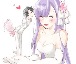 Rule 34 | 1boy, 1girl, bare shoulders, black hair, blush, bouquet, breasts, cleavage, commentary request, dress, elbow gloves, closed eyes, fate/grand order, fate (series), flower, formal, fujimaru ritsuka (male), giant, giantess, gloves, hair ribbon, heart, holding, holding bouquet, in palm, jacket, kingprotea (fate), kiss, long hair, medium breasts, mendako1209, pants, purple hair, ribbon, size difference, sleeveless, sleeveless dress, smile, strapless, strapless dress, suit, tuxedo, very long hair, wedding dress, white dress, white gloves, white jacket, white pants, white ribbon, white suit