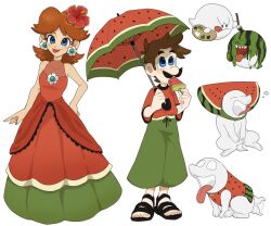 alternate_costume blue_eyes boo_(mario) brown_hair dress earrings facial_hair flipped_hair food food_print hair_ornament highres jewelry luigi luigi&#039;s_mansion luigi&#039;s_mansion:_dark_moon mario_(series) mimimi_(mimimim9999) mustache nintendo open_mouth paint polterpup popsicle princess_daisy shirt short_hair umbrella watermelon_print watermelon_seeds