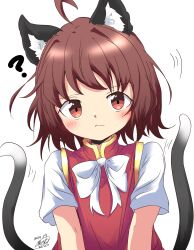 Rule 34 | 1girl, :/, ?, absurdres, ahoge, animal ear fluff, animal ears, blush, bow, bowtie, brown eyes, brown hair, cat ears, cat tail, chen, closed mouth, commentary request, dated, flat chest, gold trim, highres, looking at viewer, motion lines, multiple tails, nekomata, no headwear, red vest, short sleeves, signature, solo, tail, touhou, two tails, upper body, vest, white bow, white bowtie, yaminabe (honnouji no kaninabe)