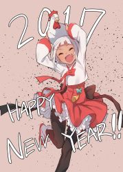 Rule 34 | 1girl, 2017, ^ ^, bird, black pantyhose, chicken, closed eyes, dress, closed eyes, fang, happy, happy new year, highres, new year, nora (supernew), open mouth, original, pantyhose, petticoat, red skirt, rooster, rooster (chinese zodiac), shirt, short hair, simple background, skirt, smile, solo, standing, standing on one leg, supernew, white hair, white shirt