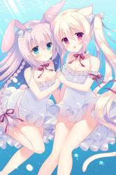 Rule 34 | 2girls, :d, :o, animal ears, bare shoulders, blue eyes, blush, bow, braid, breasts, cat ears, cat girl, cat tail, cleavage, day, dress, feet out of frame, frilled dress, frills, hair between eyes, hair bow, hair ribbon, holding hands, interlocked fingers, long hair, medium breasts, multiple girls, open mouth, original, outdoors, parted lips, pink hair, rabbit ears, rabbit girl, rabbit tail, red bow, red eyes, red ribbon, ribbon, sleeveless, sleeveless dress, smile, striped, striped bow, sumii, sunlight, tail, twintails, underwater, very long hair, water, white bow, white dress