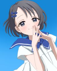 Rule 34 | black eyes, black hair, blue background, blush, commentary, dress, fingers together, flat chest, hair ribbon, highres, idolmaster, idolmaster cinderella girls, looking at viewer, megabee e, neckerchief, own hands together, ribbon, sailor collar, sasaki chie, short hair, smile, solo, upper body, white dress, wind