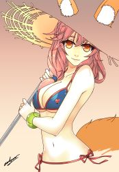 Rule 34 | 1girl, animal ear fluff, animal ears, artist request, bikini, breasts, cleavage, cropped torso, eadgear, edogreed, fate/grand order, fate (series), fox ears, fox tail, hat, highres, large breasts, pink hair, side-tie bikini bottom, side-tie bottom, smile, solo, straw hat, summer, swimsuit, tail, tamamo (fate), tamamo no mae, tamamo no mae (fate/extra), tamamo no mae (swimsuit lancer) (fate), tan background, umbrella, yellow eyes