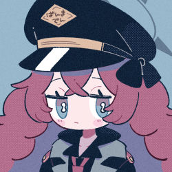 Rule 34 | 1girl, black hat, black jacket, black shirt, blue archive, blue background, blue eyes, blush stickers, brown hair, closed mouth, collared shirt, eyebrows hidden by hair, hat, highres, iroha (blue archive), jacket, jitome, koru koruno, long hair, looking at viewer, necktie, peaked cap, red necktie, shirt, simple background, solo