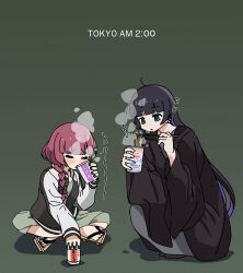 Rule 34 | 2girls, absurdres, alcohol, aqua eyes, beer can, black bow, black cardigan, black hair, black nails, blowing on food, blunt bangs, blush, bocchi the rock!, bow, braid, can, cardigan, chin piercing, chopsticks, closed eyes, colored inner hair, cup, dress, drink can, drinking, ear piercing, eating, food, full body, geta, goth fashion, goumonsha, green background, green dress, grey dress, hair bow, hair over shoulder, highres, hime cut, hiroi kikuri, holding, holding cup, indian style, jacket, long dress, long hair, long sleeves, low-braided long hair, low-tied long hair, medium dress, multicolored clothes, multicolored hair, multicolored jacket, multiple girls, nail polish, nissin cup noodle, noodles, open cardigan, open clothes, open jacket, pa-san, piercing, purple hair, simple background, single braid, sitting, sound effects, squatting, steam, two-tone jacket, very long hair, wide sleeves