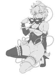 Rule 34 | 1girl, alternate costume, bikini, bikini top only, blush, breasts, bridal garter, choker, closed mouth, commentary request, corset, detached sleeves, eyeball, frilled choker, frills, full body, greyscale, hair ornament, hairband, heart, heart hair ornament, highres, kneeling, komeiji satori, looking at viewer, mask, masquerade mask, messy hair, monochrome, navel, no panties, ootsuki wataru, paid reward available, shiny skin, short hair, simple background, single thighhigh, skindentation, small breasts, smile, solo, swimsuit, thighhighs, third eye, touhou, wrist cuffs