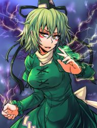 Rule 34 | 1girl, breasts, dress, electricity, green hair, hat, highres, large breasts, lightning bolt symbol, looking at viewer, open mouth, short hair, smirk, soga no tojiko, solo, tanakara, tate eboshi, touhou, war paint, yellow eyes