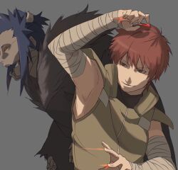 Rule 34 | 1boy, armpits, bandaged arm, bandages, blue hair, closed mouth, green vest, highres, looking away, male focus, naruto (series), naruto shippuuden, open mouth, puppet, red hair, reiji292, sasori (naruto), sleeveless, smile, solo, vest