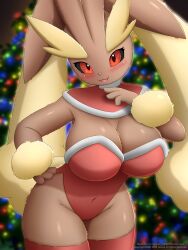 Rule 34 | 1girl, :3, animal nose, artist name, black sclera, blurry, blurry background, blush, body fur, breasts, brown fur, cameltoe, capelet, christmas, christmas tree, cleavage, colored sclera, covered navel, cowboy shot, creatures (company), dated, english text, faroula, female focus, fur-trimmed capelet, fur-trimmed leotard, fur trim, furry, furry female, game freak, gen 4 pokemon, groin, hand on own hip, hand on own chest, hand up, happy, highres, huge breasts, leotard, looking at viewer, lopunny, nintendo, open mouth, pokemon, pokemon (creature), rabbit ears, rabbit girl, rabbit tail, red capelet, red eyes, red leotard, red thighhighs, shiny skin, signature, smile, solo, standing, strapless, strapless leotard, thick thighs, thighhighs, thighs, twitter username, two-tone fur, watermark, wide hips, yellow fur