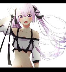 Rule 34 | 1girl, :o, absurdres, arm up, bare shoulders, black ribbon, bra strap, collarbone, commentary request, crop top, fang, floating hair, hair ribbon, highres, ichiki 1, letterboxed, light purple hair, long hair, looking at viewer, midriff, navel, off-shoulder shirt, off shoulder, open mouth, original, purple eyes, ribbon, shirt, short sleeves, simple background, solo, stomach, twintails, upper body, very long hair, white background, white shirt, wristband