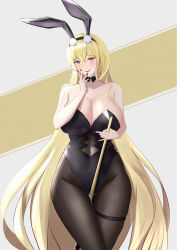 Rule 34 | 1girl, absurdres, animal ears, azur lane, black leotard, blonde hair, blue eyes, blush, breasts, cane, cleavage, clothing cutout, collarbone, dido (magicc), fake animal ears, hand on own cheek, hand on own face, highleg, highleg leotard, highres, holding, holding cane, large breasts, leotard, lipstick, long hair, looking at viewer, makeup, nail polish, navel cutout, north carolina (azur lane), north carolina (the heart&#039;s desire) (azur lane), official alternate costume, pantyhose, playboy bunny, rabbit ears, red nails, solo, thigh strap