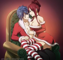 Rule 34 | 1boy, 1girl, alternate hairstyle, armchair, arya-aiedail, bare shoulders, black choker, black pants, blue eyes, blue hair, breast press, breasts, brown eyes, chair, choker, christmas, cleavage, couple, detached sleeves, dress, earrings, erza scarlet, eye contact, facial mark, fairy tail, fur-trimmed detached sleeves, fur-trimmed dress, fur-trimmed jacket, fur-trimmed sleeves, fur trim, girl on top, grin, hair between eyes, hetero, hug, jacket, jellal fernandes, jewelry, large breasts, legs, long sleeves, looking at another, nail polish, naughty face, neck, open clothes, open jacket, pants, parted lips, red detached sleeves, red dress, red hair, red jacket, red nails, red thighhighs, short dress, short hair, sitting, sitting on person, smile, strapless, strapless dress, striped clothes, striped thighhighs, thighhighs, white thighhighs