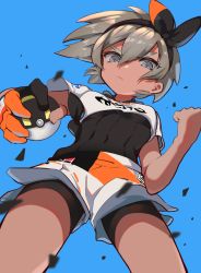 Rule 34 | 1girl, absurdres, bea (pokemon), black bodysuit, black hairband, blue background, bodysuit, bodysuit under clothes, breasts, clenched hand, closed mouth, commentary, covered navel, creatures (company), dark-skinned female, dark skin, dynamax band, eyelashes, game freak, gloves, grey eyes, grey hair, gym leader, hair between eyes, hairband, hieno hiro, highres, looking at viewer, nintendo, poke ball, pokemon, pokemon swsh, print shorts, shirt, short hair, short sleeves, shorts, single glove, solo, tied shirt, ultra ball