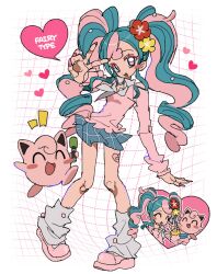 Rule 34 | 1girl, ^ ^, bandaid, bandaid on leg, blue hair, blush stickers, cardigan, closed eyes, collared shirt, colored eyelashes, creatures (company), curly hair, fairy miku (project voltage), flower, full body, game freak, gen 1 pokemon, grid background, gyaru, hair flower, hair ornament, hatsune miku, heart, highres, holding, holding microphone, jigglypuff, jwnn, kogal, loafers, looking at viewer, loose socks, microphone, miniskirt, multicolored hair, neckerchief, nintendo, open mouth, pink cardigan, pink eyes, pink footwear, pink hair, pink nails, plaid, plaid skirt, pleated skirt, pokemon, pokemon (creature), project voltage, scrunchie, shirt, shoes, skirt, socks, speech bubble, twintails, two-tone hair, v, vocaloid, white neckerchief, white shirt, wrist scrunchie
