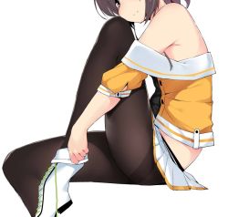 Rule 34 | 1girl, bare shoulders, blouse, blush, boots, brown hair, camisole, closed eyes, crop top, from side, green eyes, head out of frame, hololive, knee up, midriff peek, miniskirt, natsuiro matsuri, natsuiro matsuri (1st costume), off shoulder, orange shirt, pantyhose, pinstripe camisole, pinstripe pattern, pleated skirt, shirt, side ponytail, simple background, sitting, skirt, smile, solo, striped, terazip, virtual youtuber, white footwear, white skirt
