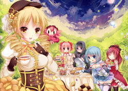 Rule 34 | 10s, 5girls, akemi homura, alternate hairstyle, bare shoulders, beret, black hair, black socks, blonde hair, blue eyes, blue hair, boots, bow, braid, breasts, cake, cape, charlotte (madoka magica), checkerboard cookie, closed eyes, cookie, corset, cup, detached sleeves, doughnut, drill hair, duji amo, fingerless gloves, food, glasses, gloves, hair bow, hair ornament, hairband, hat, kaname madoka, kneehighs, kyubey, long hair, magical girl, mahou shoujo madoka magica, mahou shoujo madoka magica (anime), medium breasts, miki sayaka, multiple girls, outdoors, pink eyes, pink hair, plate, pleated skirt, pocky, ponytail, puffy sleeves, red-framed eyewear, red hair, ribbon, sakura kyoko, short hair, short twintails, skirt, small breasts, socks, spoilers, striped legwear, sweets, teacup, thighhighs, tiered serving stand, tiered tray, tomoe mami, twin braids, twintails, vertical-striped legwear, white gloves, white legwear, yellow eyes, zettai ryouiki