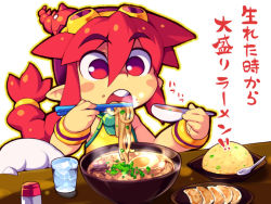 Rule 34 | 1girl, blush stickers, bowl, cup, eating, egg, food, goggles, goggles on head, hair between eyes, holding, holding spoon, ice, ice cube, korone (metata), metata, noodles, original, outline, plate, pointy ears, ponytail, red eyes, red hair, shirt, sleeveless, sleeveless shirt, solo, spoon, yellow outline, yellow shirt
