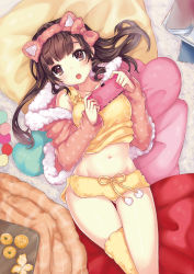 Rule 34 | 1girl, :o, animal ears, blanket, blush, book, bow, breasts, brown eyes, brown hair, cat ears, clothes lift, cowboy shot, drawstring, fake animal ears, food, fruit, fur, fur trim, hair bow, handheld game console, highres, hip focus, holding, hood, hoodie, indoors, juke, kotatsu, large breasts, lingerie, long hair, looking at viewer, lying, mandarin orange, matching hair/eyes, navel, on back, open mouth, original, pillow, playing games, playstation vita, pom pom (clothes), shirt lift, single thighhigh, solo, table, tank top, teeth, thighhighs, thighs, underwear