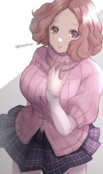 Rule 34 | 1girl, brown eyes, brown hair, commentary request, layered sleeves, long sleeves, okumura haru, pantyhose, persona, persona 5, pink sweater, plaid, plaid skirt, pleated skirt, pppppknw, ribbed sweater, school uniform, short hair, short over long sleeves, short sleeves, shuujin academy school uniform, skirt, solo, sweater, twitter username, white pantyhose