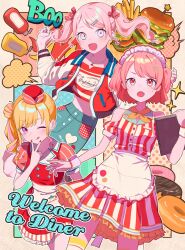Rule 34 | 1other, 2girls, ;q, akiyama mizuki, apron, blonde hair, blush, border, burger, buttons, clipboard, commentary, crop top, detached sleeves, dotabata cafe rec!! (project sekai), doughnut, dress, english commentary, english text, engrish commentary, engrish text, feet out of frame, food, green pants, hands up, highres, holding, holding clipboard, jacket, ketchup, letterman jacket, long hair, long sleeves, maid headdress, mishio (misio 40), momoi airi, multicolored hair, multiple girls, mustard, one eye closed, one side up, open mouth, pants, pink eyes, pink hair, polka dot, polka dot background, project sekai, ranguage, red dress, red eyes, red jacket, red shirt, shirt, short sleeves, side ponytail, sparkle, squeeze bottle, star button, streaked hair, striped clothes, striped dress, swept bangs, tenma saki, tongue, tongue out, twintails, waist apron, white apron, white dress, white wrist cuffs, wrist cuffs