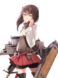 Rule 34 | 1girl, arm at side, bike shorts, black shorts, brown eyes, brown hair, cowboy shot, hand in own hair, holding, holding weapon, kantai collection, long hair, looking at viewer, machinery, man naka, pleated skirt, red skirt, shorts, skirt, taihou (kancolle), weapon