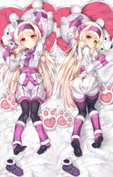 Rule 34 | 1girl, black legwear, blonde hair, blunt bangs, blush, dakimakura (medium), fate/grand order, fate (series), female focus, from above, full body, gorudazo, hairband, heart, heart-shaped pillow, highres, illyasviel von einzbern, japanese clothes, long hair, long sleeves, looking at viewer, looking back, lying, on stomach, paw, pillow, shoes, unworn shoes, sitonai (fate), solo, watermark