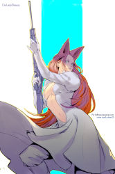 Rule 34 | 1girl, animal ears, bra, breasts, cat ears, cat lady beauty, character name, cleavage, commentary, commission, dress, english commentary, finger on trigger, gloves, green eyes, gun, gunspike, highres, holding, holding gun, holding weapon, lips, long dress, medium breasts, no bra, pants, plunging neckline, red hair, rejean dubois, rifle, slit pupils, sniper rifle, solo, underwear, weapon, white dress, white gloves, white pants