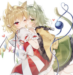 Rule 34 | 2girls, animal ears, cat ears, cat girl, cat tail, crystal wings, extra ears, flandre scarlet, frills, green eyes, green hair, heart, highres, komeiji koishi, multiple girls, one eye closed, open mouth, pointy ears, puffy short sleeves, puffy sleeves, ribbon, short sleeves, simple background, sorani (kaeru0768), tail, touhou, white background, white ribbon, wrist cuffs