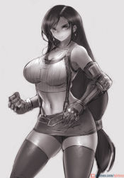 Rule 34 | 1girl, bare shoulders, breasts, final fantasy, final fantasy vii, final fantasy vii remake, girlsay, highres, large breasts, long hair, looking at viewer, monochrome, navel, smile, solo, standing, thighhighs, tifa lockhart, very long hair, unfinished