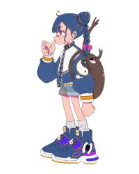 Rule 34 | 1girl, ahoge, backpack, bag, bandaid, bandaid on face, bandaid on nose, beetle, blue footwear, blue hair, blue jacket, blue shorts, blunt bangs, braid, bug, double bun, from side, full body, hair bun, hand up, highres, insect, jacket, long sleeves, medium hair, nao97122, open clothes, open jacket, original, red eyes, rhinoceros beetle, ribbed socks, shoes, short shorts, shorts, simple background, sneakers, socks, solo, standing, thumb sucking, twin braids, unzipped, white background, white socks, yin yang, yin yang print, zipper, zipper pull tab