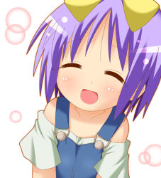 Rule 34 | 00s, casual, closed eyes, hiiragi tsukasa, lucky star, minami (colorful palette), non-web source, overalls, purple hair, short hair, solo