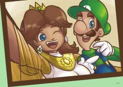 Rule 34 | 1boy, 1girl, blue eyes, bodysuit, breasts, brown hair, cape, cellphone photo, crown, earrings, facial hair, flower earrings, gloves, grin, highres, jewelry, luigi, mario (series), mustache, nintendo, one eye closed, open mouth, overalls, princess daisy, smile, standing, tomboy, upper body, wink