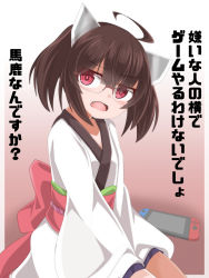 Rule 34 | 1girl, ahoge, ao (aoblueao), back bow, blush, bow, brown background, brown hair, fang, glasses, gradient background, hair between eyes, handheld game console, headgear, japanese clothes, kimono, nintendo switch, obi, open mouth, red bow, red eyes, sash, sitting, solo, touhoku kiritan, twintails, voiceroid, white background, white kimono