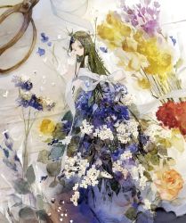 Rule 34 | 1girl, bare shoulders, blue dress, bow, dress, flower, gloves, green eyes, hand on own face, highres, leaf, long hair, looking at viewer, niwa haruki, one eye closed, orange flower, original, paper, purple flower, red flower, solo, standing, tape, watercolor background, watercolor effect, white flower, white gloves