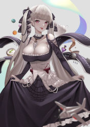 Rule 34 | 1girl, :p, aircraft, airplane, azur lane, bare shoulders, between breasts, black dress, black nails, breasts, cleavage, clothes lift, dress, earrings, flight deck, formidable (azur lane), frilled dress, frills, gothic lolita, hair ribbon, highres, jewelry, large breasts, lolita fashion, long dress, long hair, looking at viewer, nail polish, neckwear between breasts, platinum blonde hair, red eyes, ribbon, skirt, skirt lift, solo, tongue, tongue out, twintails, two-tone dress, two-tone ribbon, very long hair, yofo