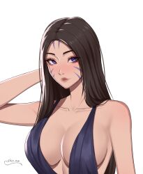 Rule 34 | 1girl, absurdres, artist name, black hair, blush, breasts, cleavage, dress, facial mark, forehead tattoo, highres, instagram username, kai&#039;sa, large breasts, league of legends, long hair, looking at viewer, purple eyes, shio aw, signature, simple background, solo, white background