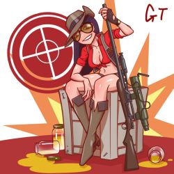 Rule 34 | 1girl, boots, box, breasts, female focus, full body, gender request, genderswap, glasses, gotwin, gun, hat, jar, jarate, long hair, sniper (tf2), solo, team fortress 2, weapon, white background