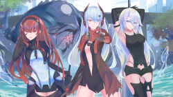 Rule 34 | 3girls, absurdres, arms behind head, black gloves, black hairband, blue eyes, bodysuit, breasts, cleavage, elbow gloves, gloves, grey hair, hair between eyes, hair over eyes, hairband, headgear, headphones, heterochromia, highres, holding, holding sword, holding weapon, hyakuza, impossible clothes, latex, latex bodysuit, long hair, looking at viewer, lucia: crimson abyss (punishing: gray raven), medium breasts, multiple girls, navel, nier (series), nier:automata, punishing: gray raven, red eyes, red hair, red scarf, scarf, skin tight, sword, vera (punishing: gray raven), weapon, a2 (nier:automata)