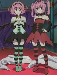 Rule 34 | 2girls, bare shoulders, brooch, capelet, carpet, detached sleeves, dress, female focus, hair ribbon, hairband, hand on own hip, happy, hip focus, indoors, jewelry, long hair, momo velia deviluke, multiple girls, nana asta deviluke, own hands clasped, own hands together, pink hair, purple eyes, ribbon, serious, shoes, short hair, short twintails, siblings, sisters, smile, standing, strapless, strapless dress, striped legwear, tail, thighhighs, to love-ru, twins, twintails