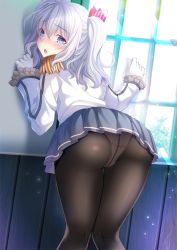 Rule 34 | 10s, 1girl, :o, against wall, ass, bent over, black pantyhose, blue eyes, blue skirt, blush, crotch seam, day, epaulettes, frilled sleeves, frills, from behind, gloves, indoors, izumi akane, kantai collection, kashima (kancolle), light particles, long hair, long sleeves, military, military uniform, no headwear, open mouth, panties, panties under pantyhose, pantyhose, pink panties, short twintails, silver hair, skirt, solo, sunlight, thigh gap, twintails, underwear, uniform, upskirt, wavy hair, white gloves, window
