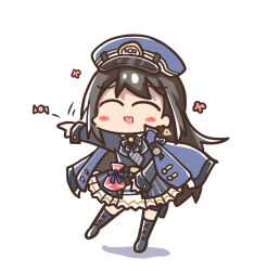 Rule 34 | 1girl, :d, aoblue, blue jacket, blue necktie, blush, brown hair, chibi, closed eyes, collared shirt, diesel (nikke), earrings, gloves, goddess of victory: nikke, hair between eyes, hat, jacket, jacket on shoulders, long hair, military hat, military jacket, military uniform, necktie, open clothes, open jacket, open mouth, peaked cap, pleated skirt, shirt, sidelocks, skirt, smile, solo, striped necktie, triangle earrings, uniform, white gloves, white skirt